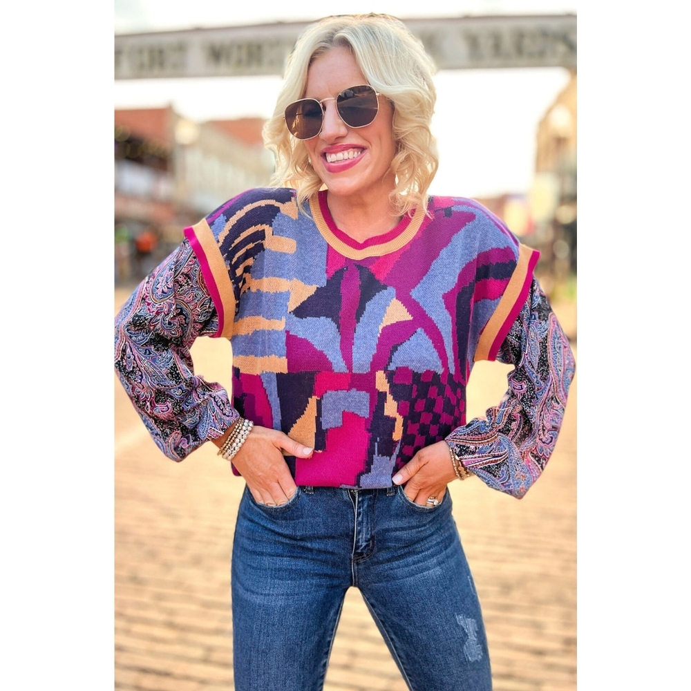 Goldie Boutique Hot Pink Woven Contrast Print Ruffle Sleeve Sweater Small